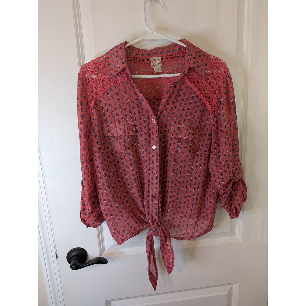 Canyon River Blues Womens XL Coral Pink Floral Crochet Lace Tie Front Blouse